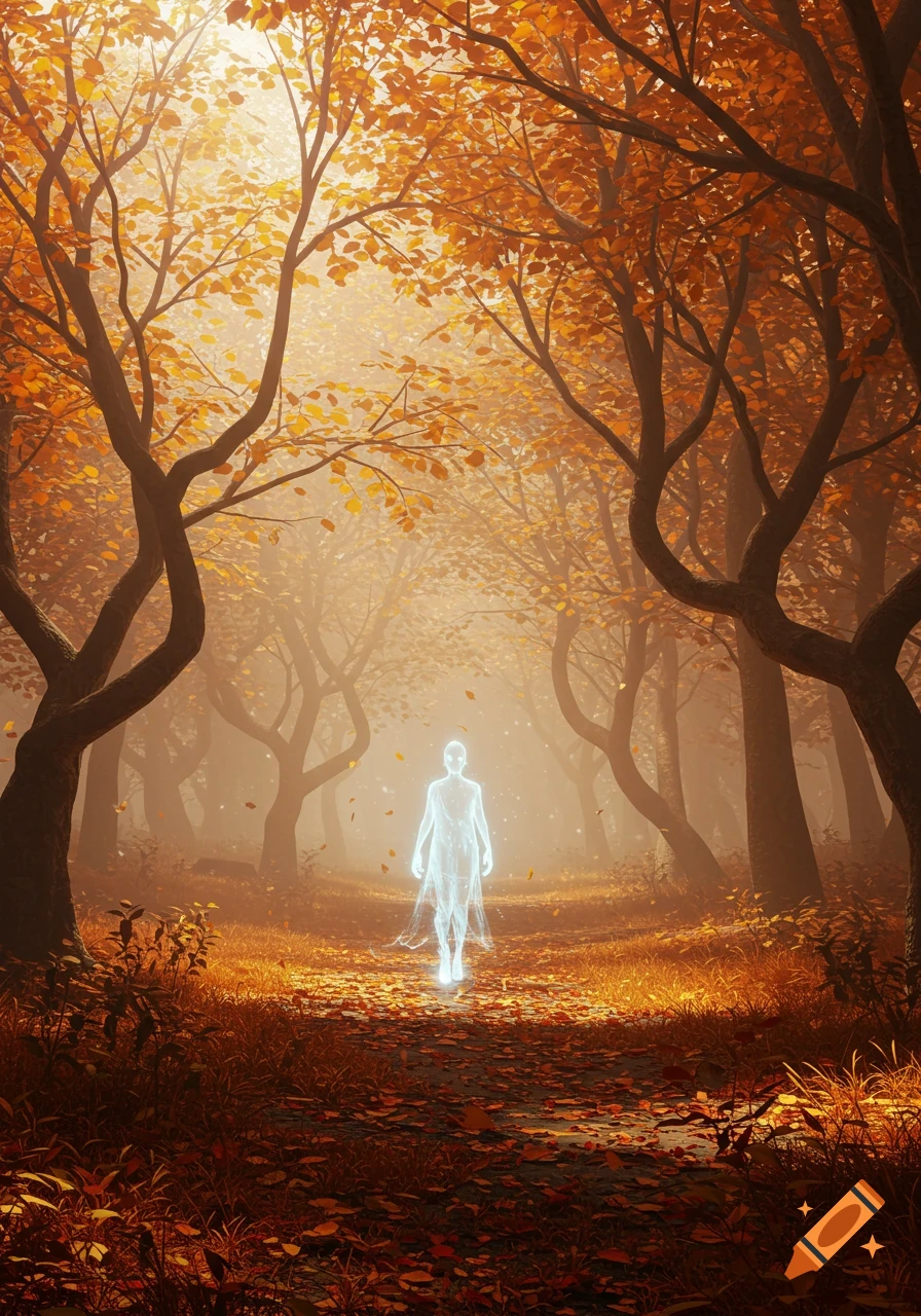 A glowing, translucent figure walks through a sunlit autumn forest with orange and yellow leaves.