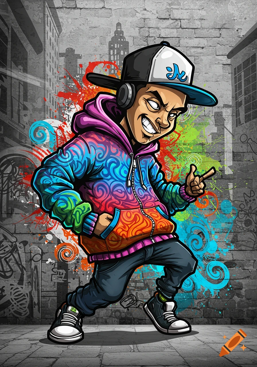 A colorful cartoon character in hip hop style, wearing a cap and hoodie, standing in front of a graffiti-covered brick wall with city buildings in the background.