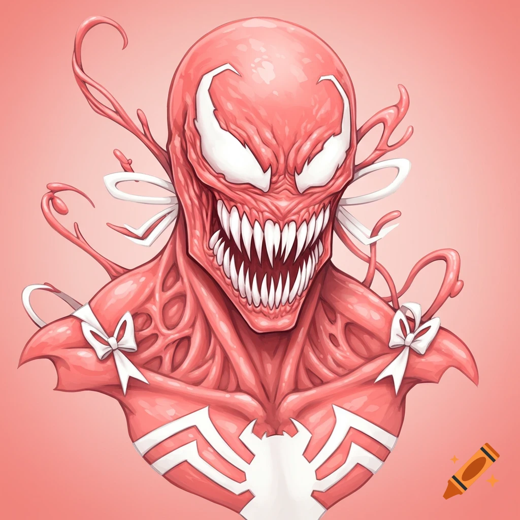 A light salmon pink Marvel Venom bust with white accents and white bows, depicted from the shoulders up on a pink background.