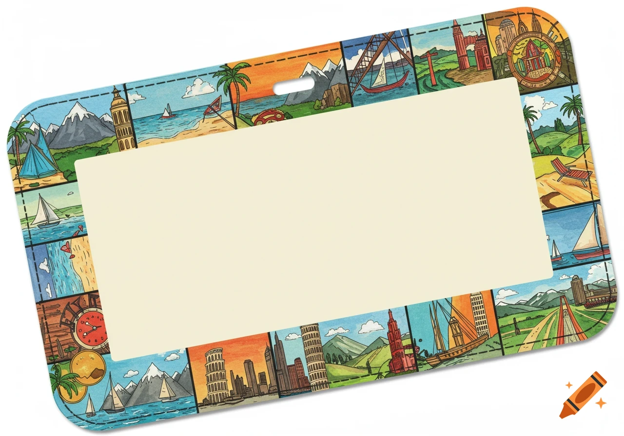 A rectangular luggage tag with rounded corners, featuring colorful, hand-drawn travel illustrations around a blank central information area.