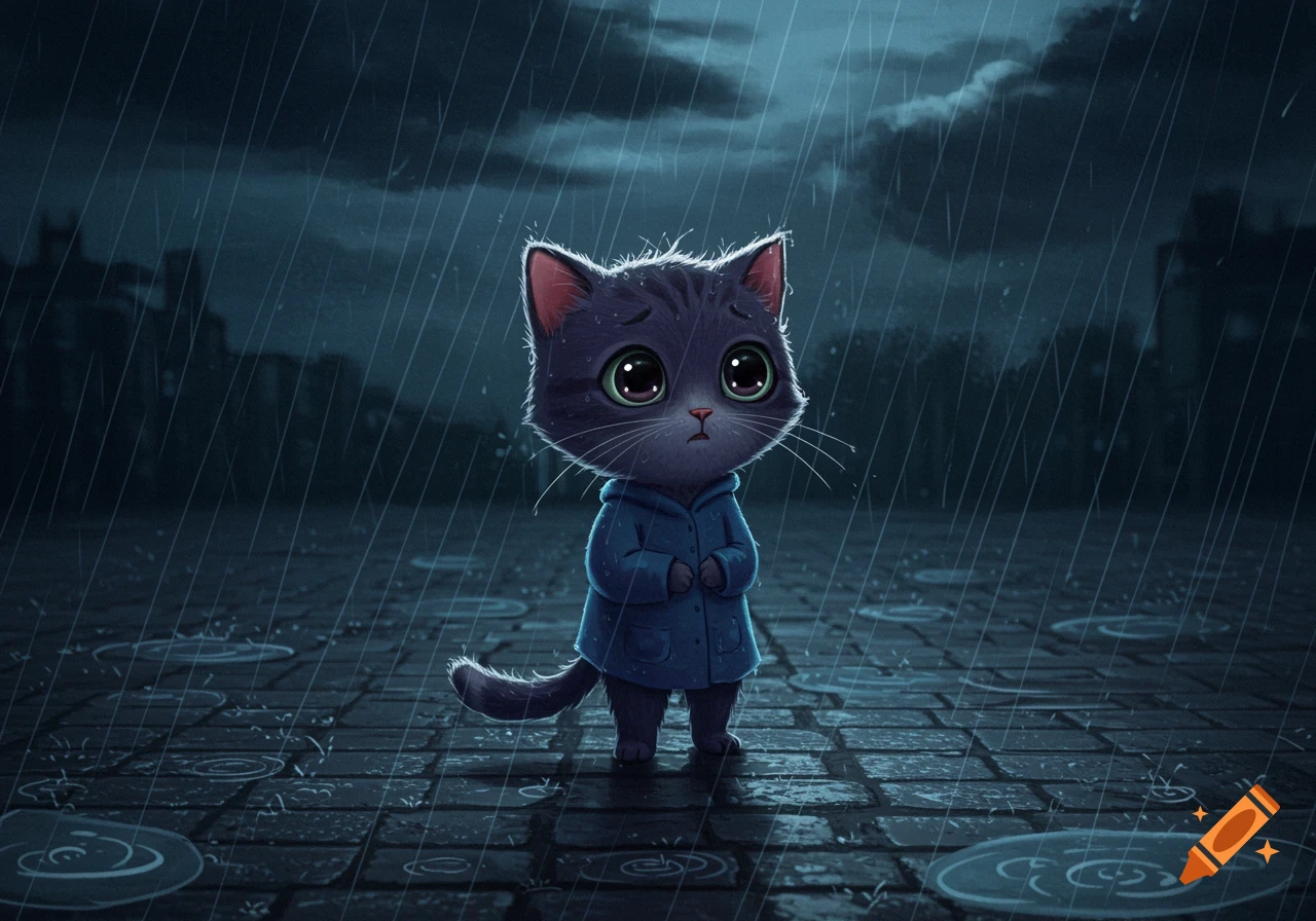A sad cartoon cat in a blue raincoat stands on a wet cobblestone street under heavy rain at night.