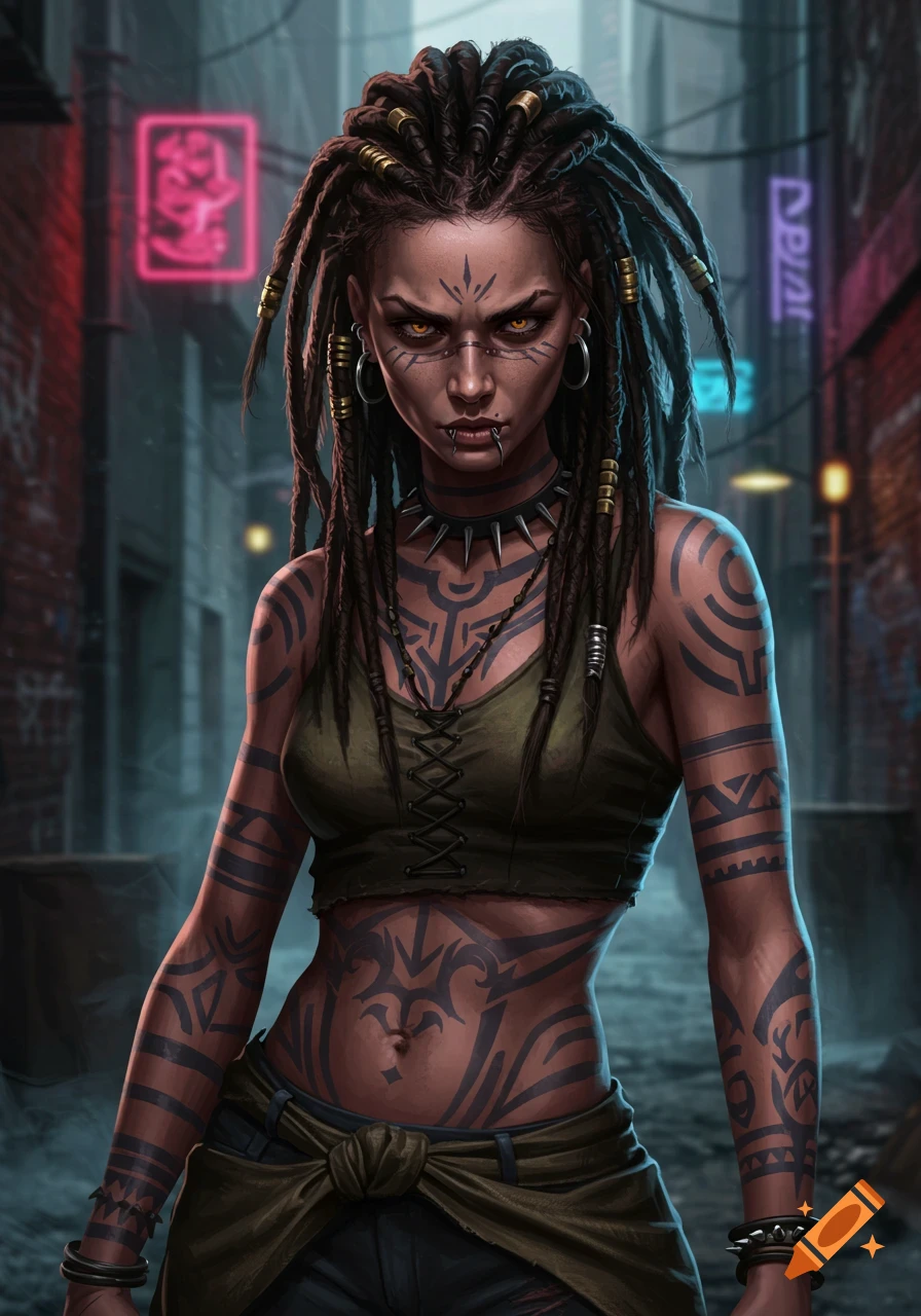 A dangerous-looking woman with dreadlocks and tribal tattoos stares intensely in a neon-lit cyberpunk alley.