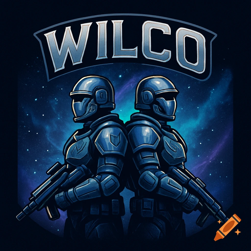 Two armored soldiers stand back-to-back against a starry galaxy background with 'WILCO' text above them.