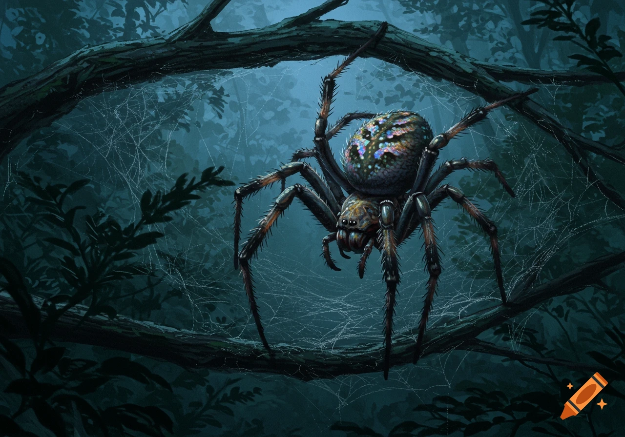 A detailed illustration of a giant spider with an iridescent abdomen, hanging in a spiderweb in a dark, atmospheric forest.