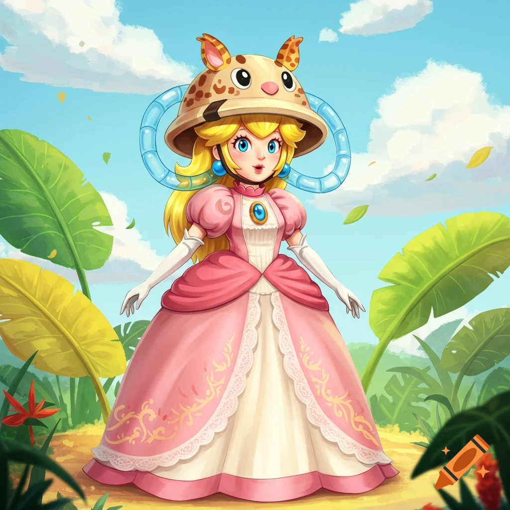 Princess Peach in a pink gown and a whimsical inflatable giraffe-like safari helmet stands in a tropical jungle.