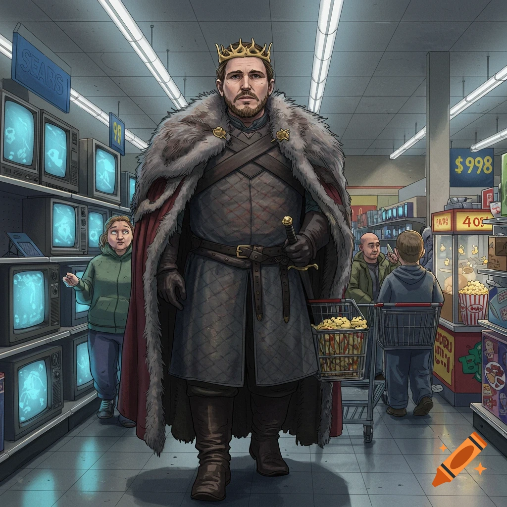 An illustrated man resembling a medieval king in a crown and fur-lined cloak pushes a shopping cart of popcorn down a Sears store aisle.