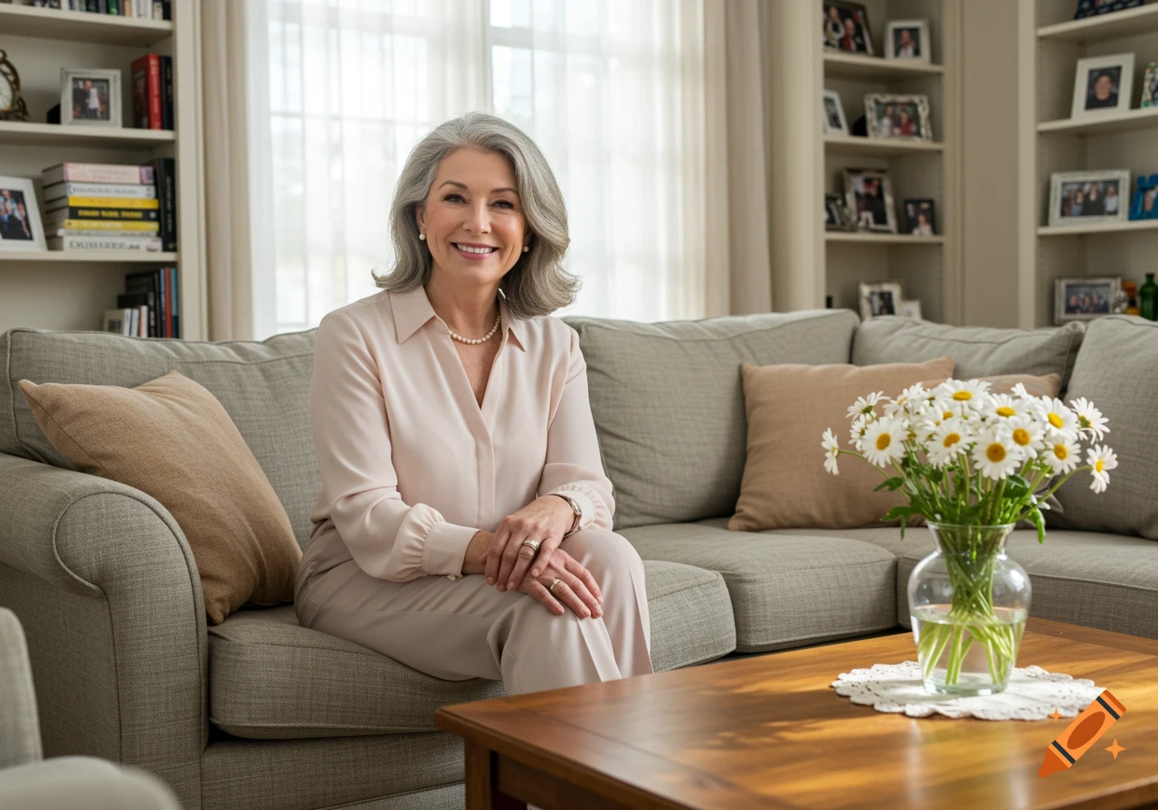 A smiling mature woman with gray hair sits on a couch in a cozy living room, next to a vase of daisies.