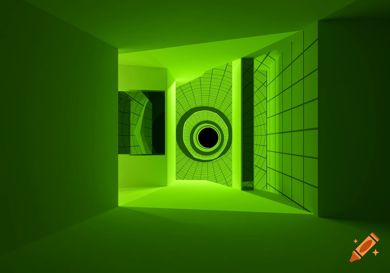 A bright lime green room with geometric grid patterns on the walls leading to a dark, circular tunnel.