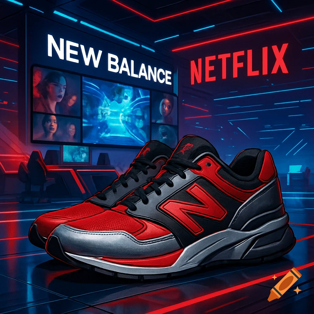 Red and black New Balance shoes in a futuristic room with glowing blue and red lights. Large screens display 'NEW BALANCE' and 'NETFLIX' logos.