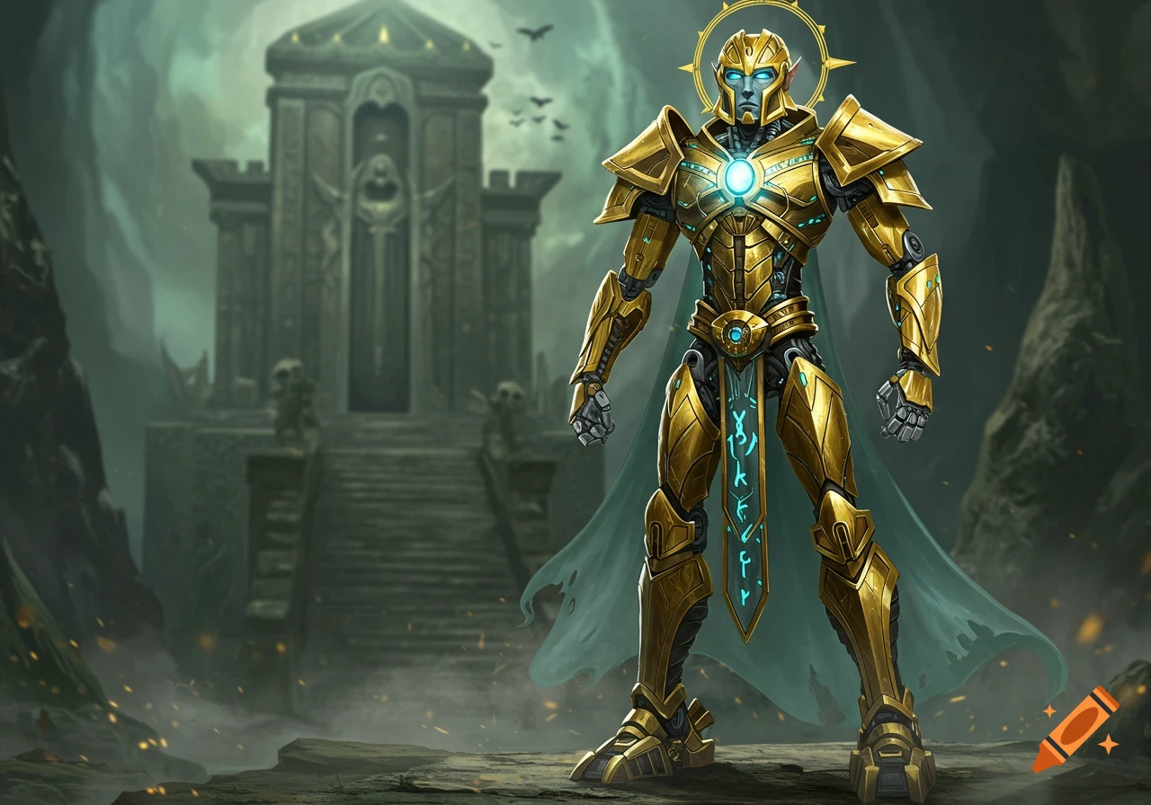 A golden armored robot with blue glowing eyes and a halo stands in front of a ruined temple in a fantasy setting.