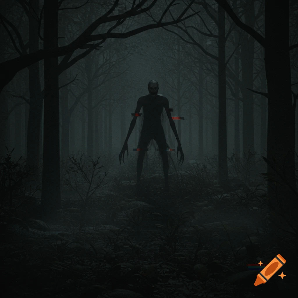 A tall, slender, shadowy figure with long arms and clawed hands stands in a dark, misty forest, with red glitching lines across its body, resembling trail camera footage.
