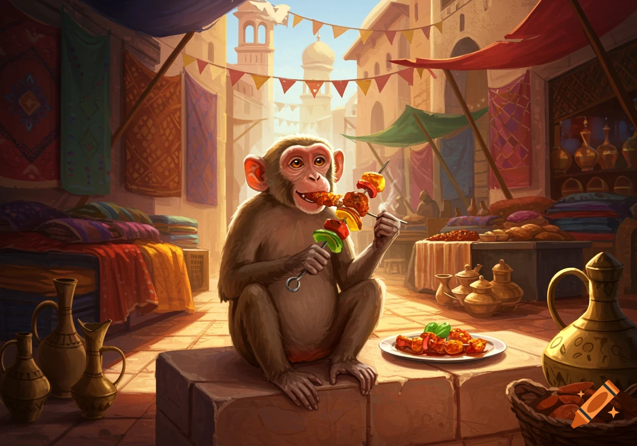 A smiling monkey sits in a vibrant market, holding and eating a kebab stick, with more food on a plate nearby.