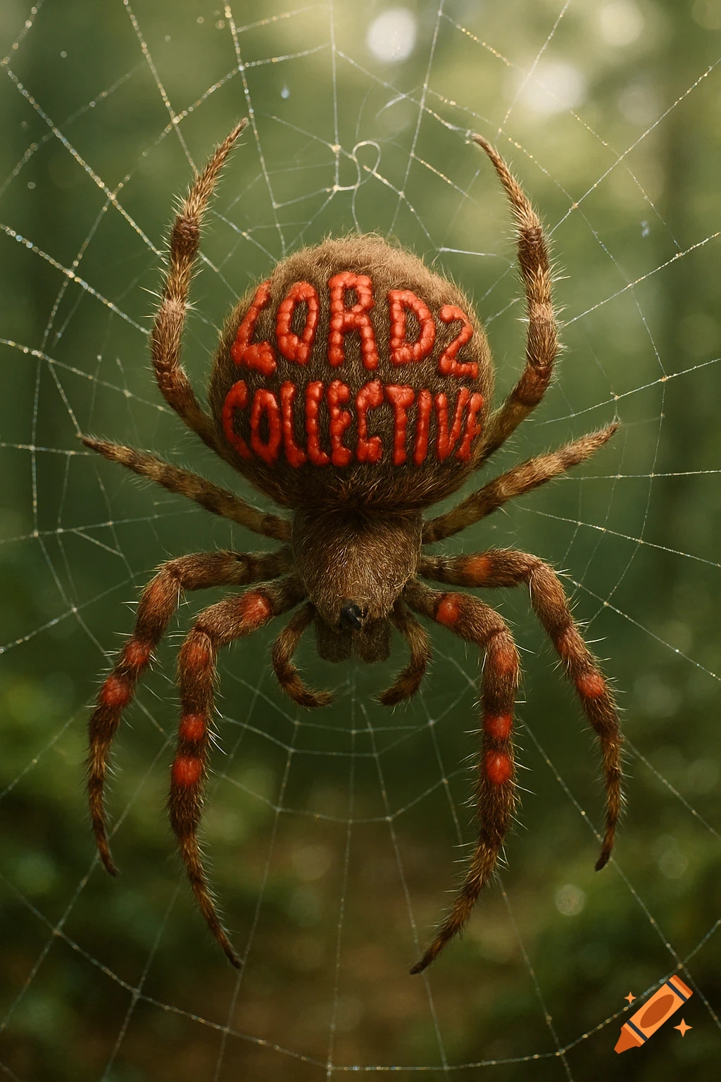 A photorealistic close-up of a furry brown spider with 'LORDZ COLLECTIVE' spelled in red on its abdomen, on a dew-covered web.