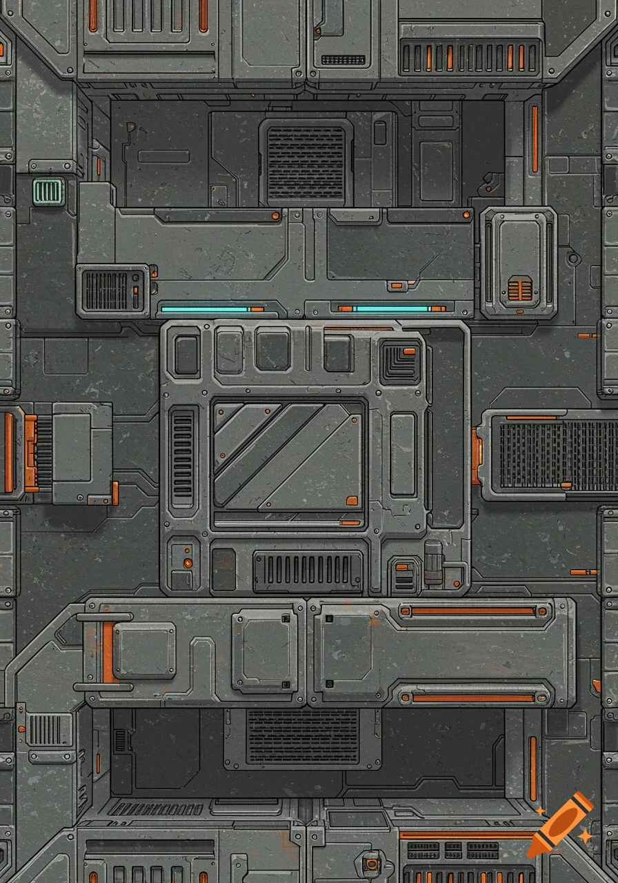 A detailed, gray 2D sci-fi metal wall texture with orange accents and subtle blue lights, in a retro video game style.