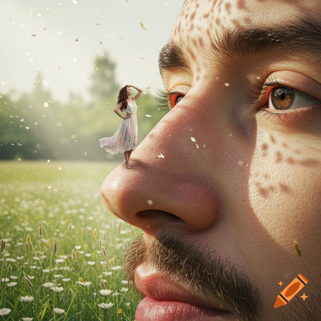 A tiny woman in a white dress stands on a giant man's nose in a sunlit field with falling pollen.