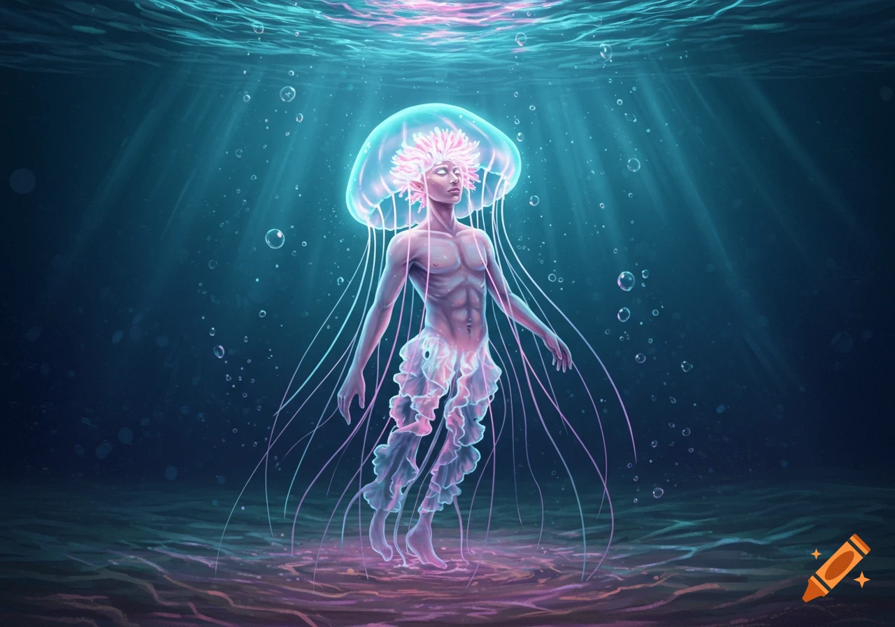 Luminous jellyfish merman floats upright underwater with light rays shining from above, digital art.