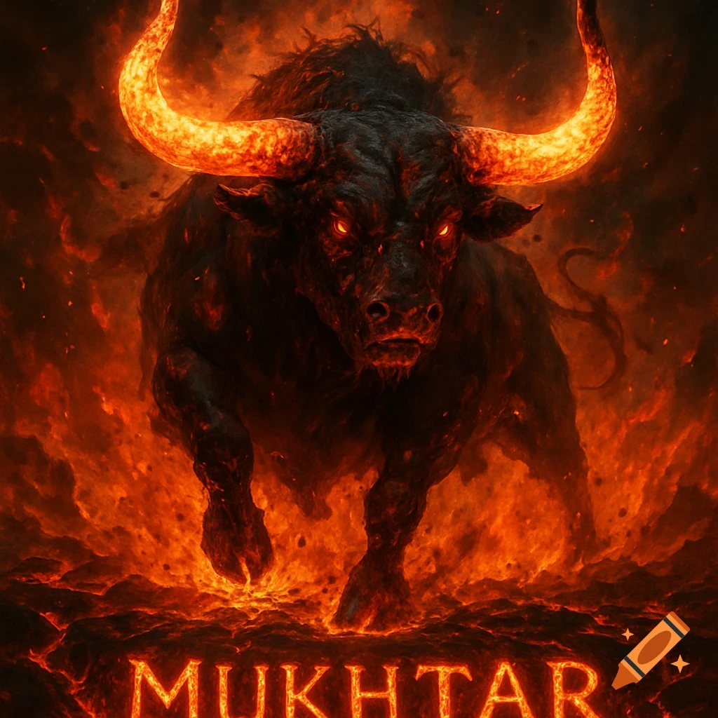 A demonic fire bull with glowing horns and eyes charges through a fiery, molten landscape. The name 'MUKHTAR' glows in the foreground. Apocalyptic fantasy style.
