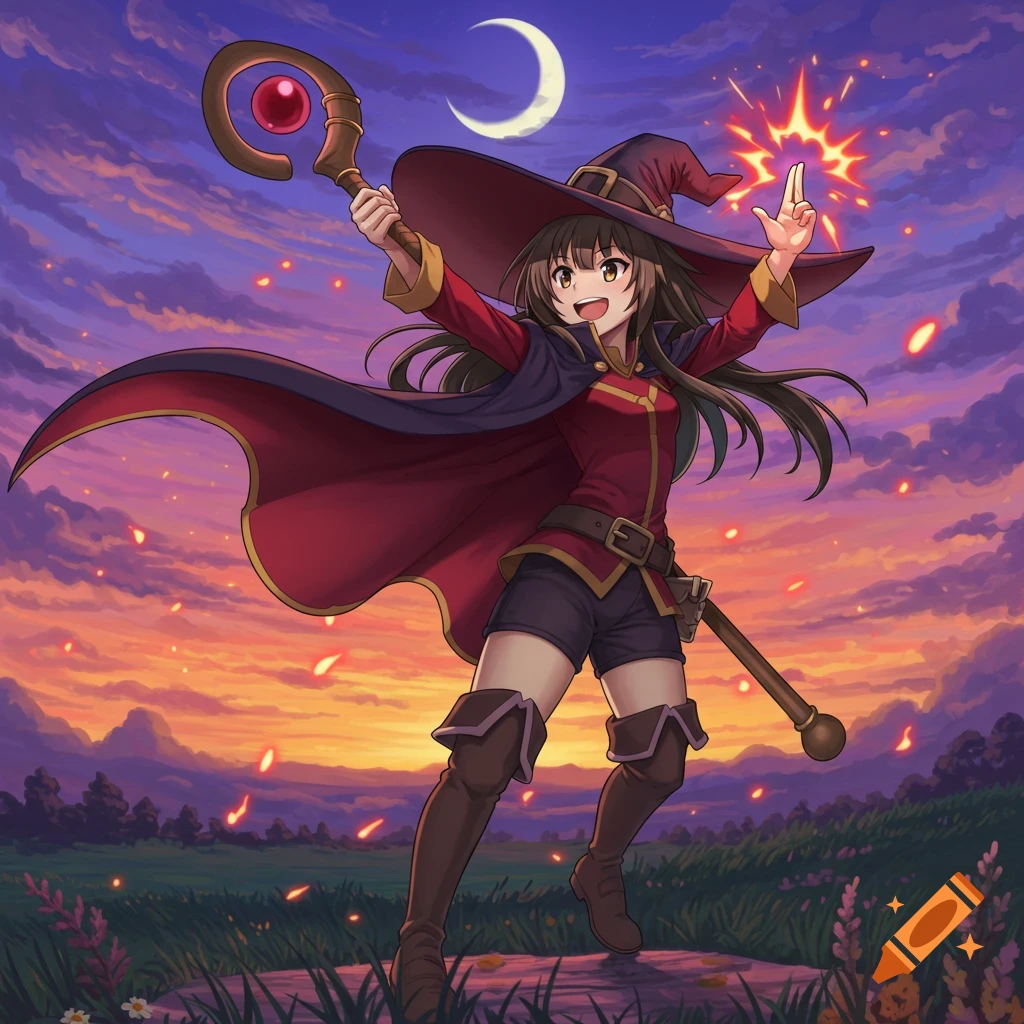 An anime witch in red and black robes casts a spell at sunset under a crescent moon, holding a staff.
