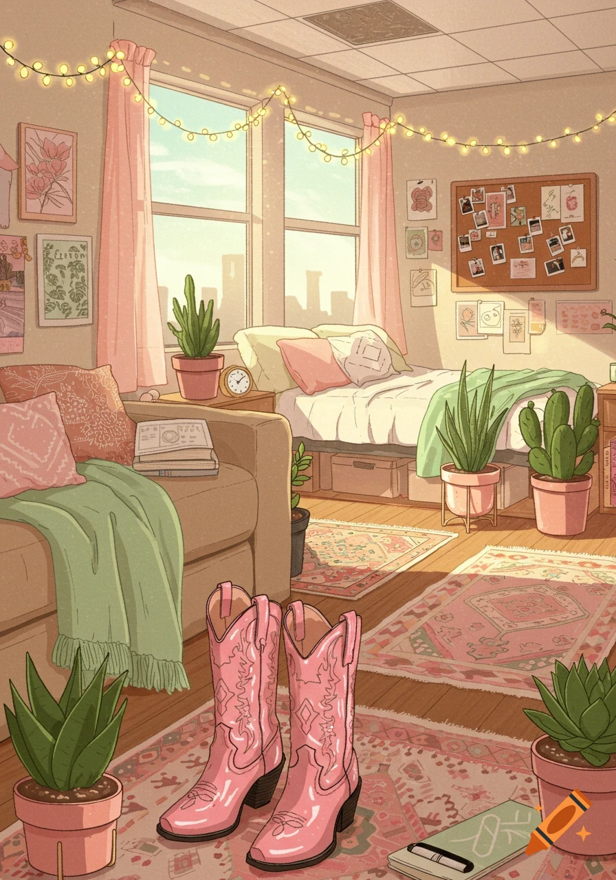 A pastel-colored cozy dorm room with a bed, couch, plants, string lights, and pink cowboy boots on a rug.
