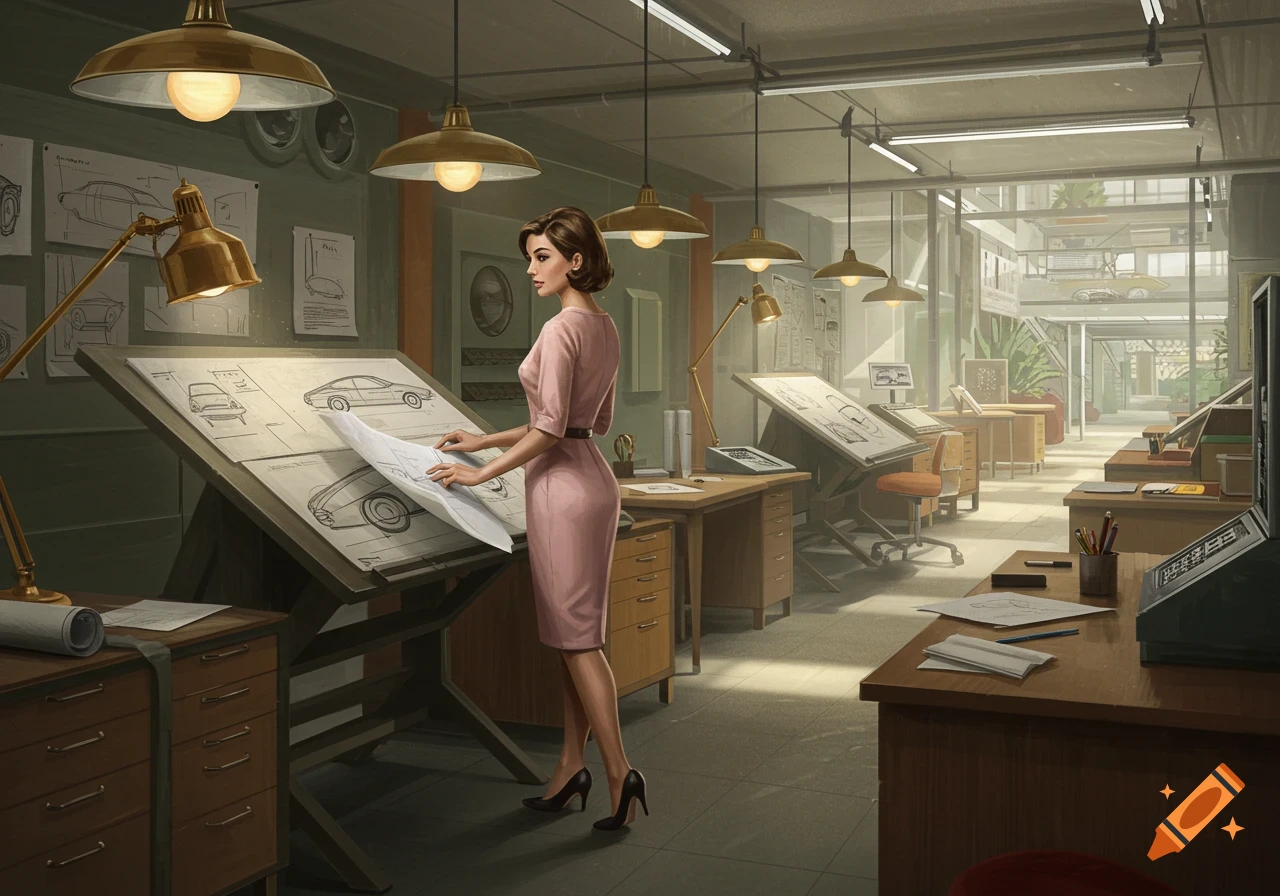 A woman in a pink dress examines car blueprints at a drafting table in a vintage-style automotive design studio.