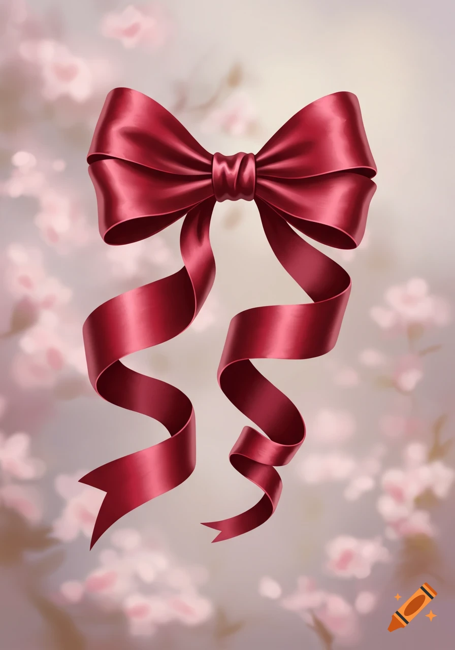 A vibrant red satin bow with long, flowing ribbons floats against a soft, blurry background of pink floral bokeh.