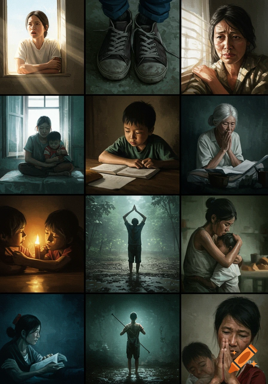 A grid of illustrations depicting various human emotions and everyday struggles, including a woman looking out a window, a child studying, and a mother comforting her child.