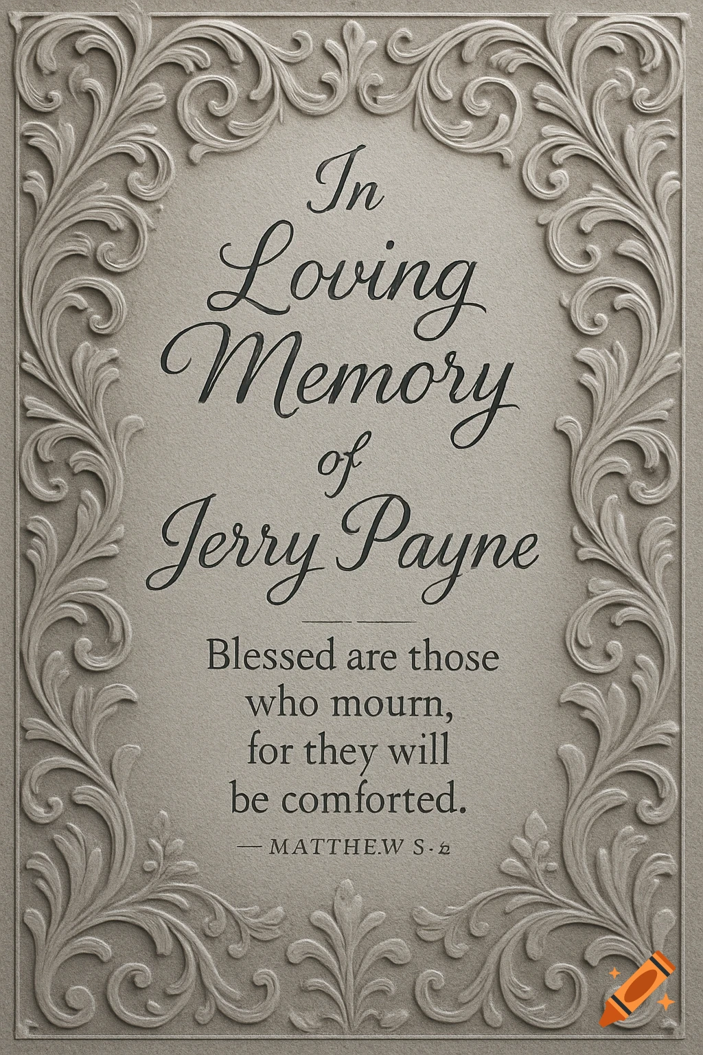 A gray sympathy card with ornate filigree borders and black text 'In Loving Memory of Jerry Payne' and a Bible verse.