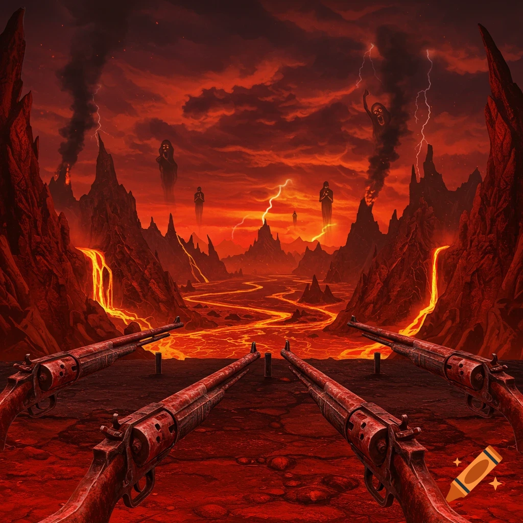 A dark fantasy depiction of a hellish landscape with lava rivers, fiery red skies, floating figures, and four large rifles in the foreground.