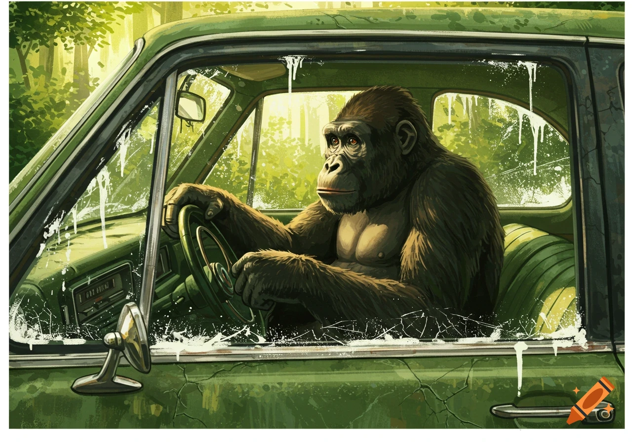 A stylized illustration of a gorilla driving a green vintage car with white paint splatters on the windshield, set against a lush green forest background.