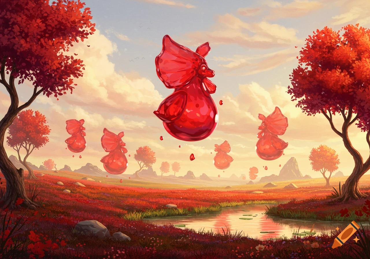 A whimsical painted landscape at sunset with vibrant red trees and field, a stream, and several floating red jelly-like chicken shapes.
