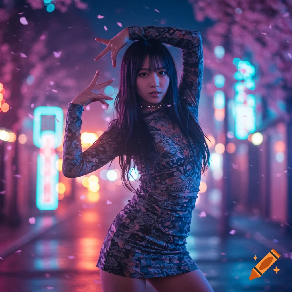 A young woman with long dark hair poses in a patterned dress on a neon-lit city street at night, with pink petals falling around her.