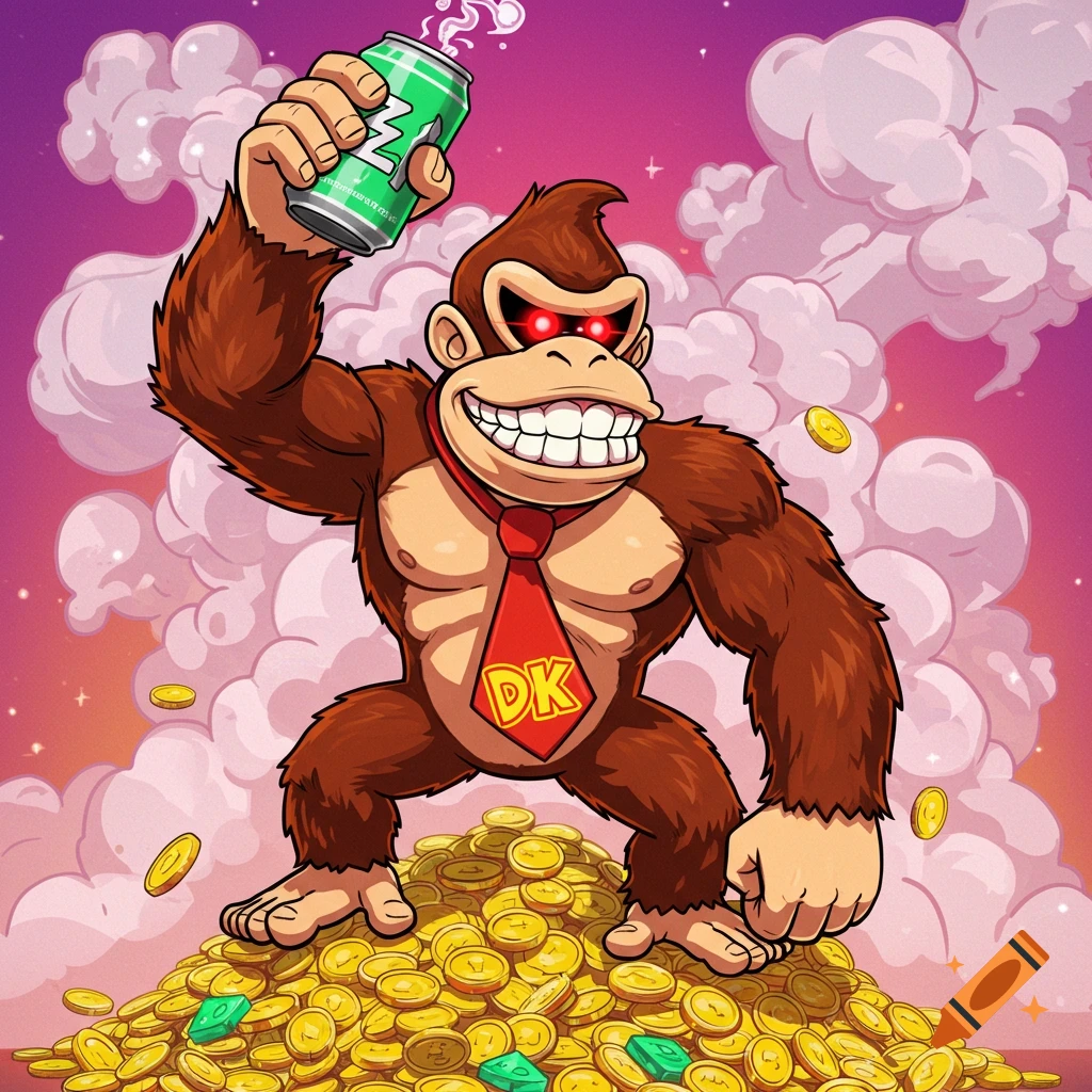 Donkey Kong with glowing red eyes stands on a large pile of gold coins, holding a green can like a trophy against a pink and purple cloudy sky in a cartoonish style.