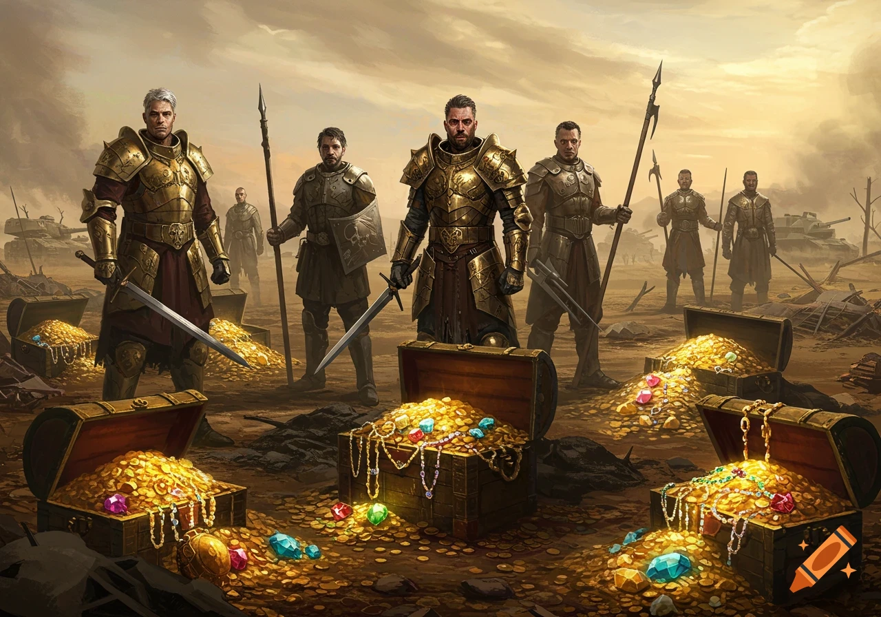 Knights in golden armor stand among piles of treasure chests and gold coins on a desolate battlefield with destroyed tanks.