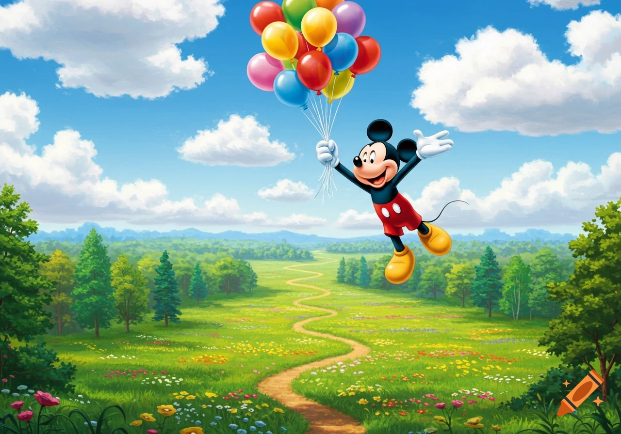 Mickey Mouse flies in a blue sky, holding colorful balloons above a green meadow with a winding path, flowers, and trees.