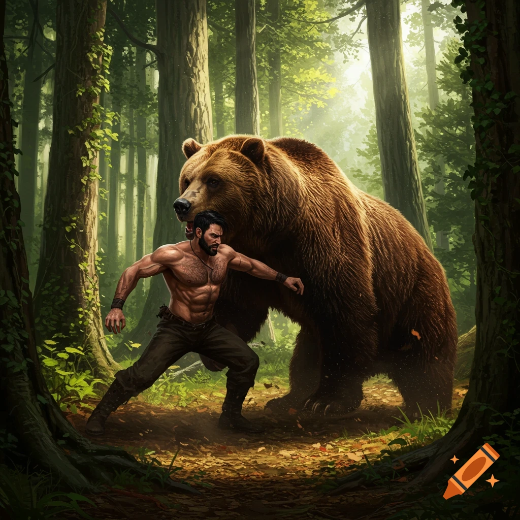 A muscular, bearded man confronts a large brown bear in a sun-dappled forest, in a dramatic, photorealistic style.