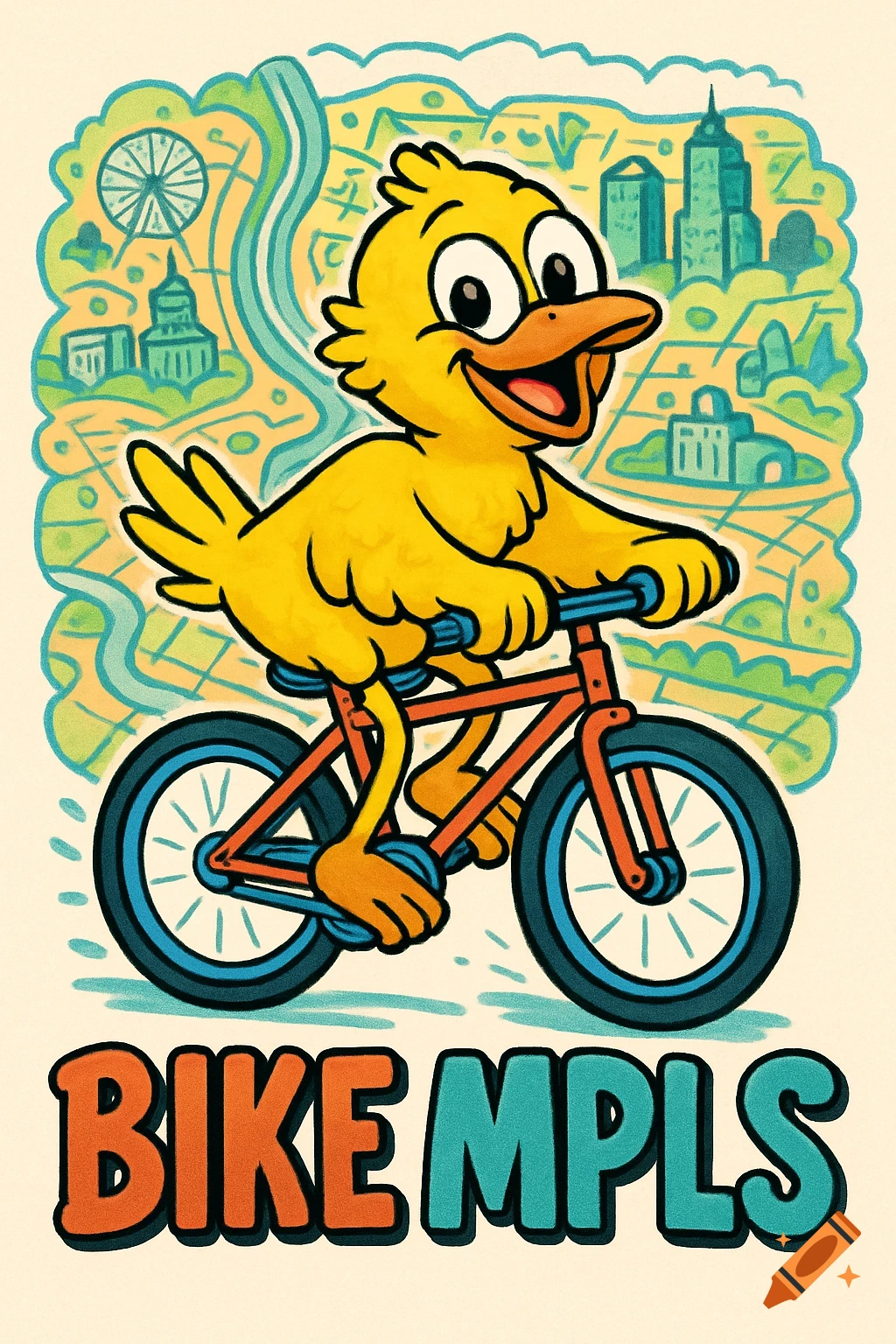 A cheerful yellow cartoon bird rides a bicycle over a stylized map of Minneapolis, with 'BIKE MPLS' text below.