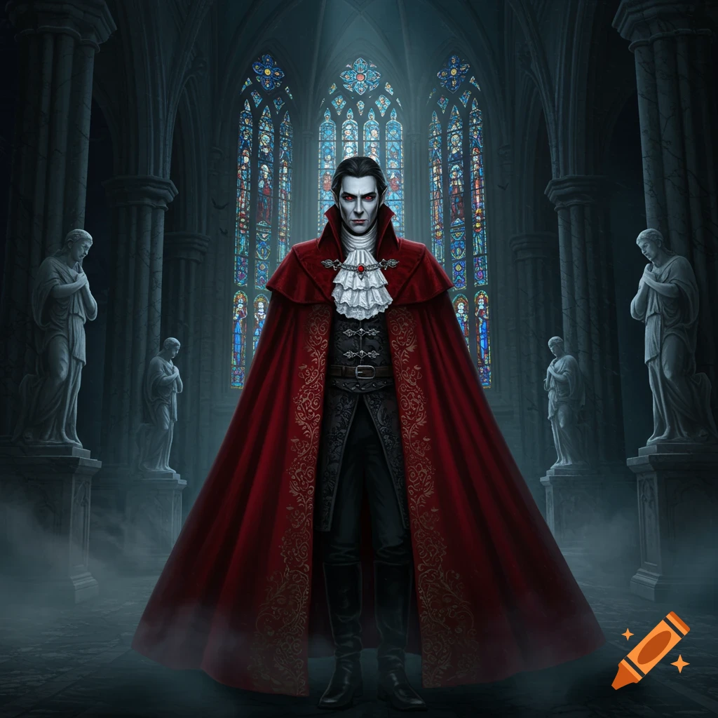 A vampire in a red cape and ruffled shirt stands in a gothic cathedral with stained glass windows, digital art.