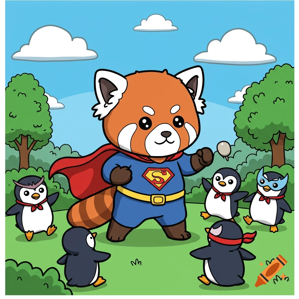 A cute cartoon red panda dressed as a superhero with a red cape and blue suit, surrounded by small penguins in a grassy field with trees and clouds.