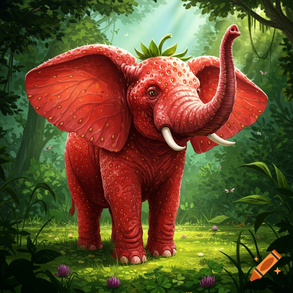 A whimsical red elephant with strawberry-like skin and a leafy crown stands in a lush, sunlit forest.