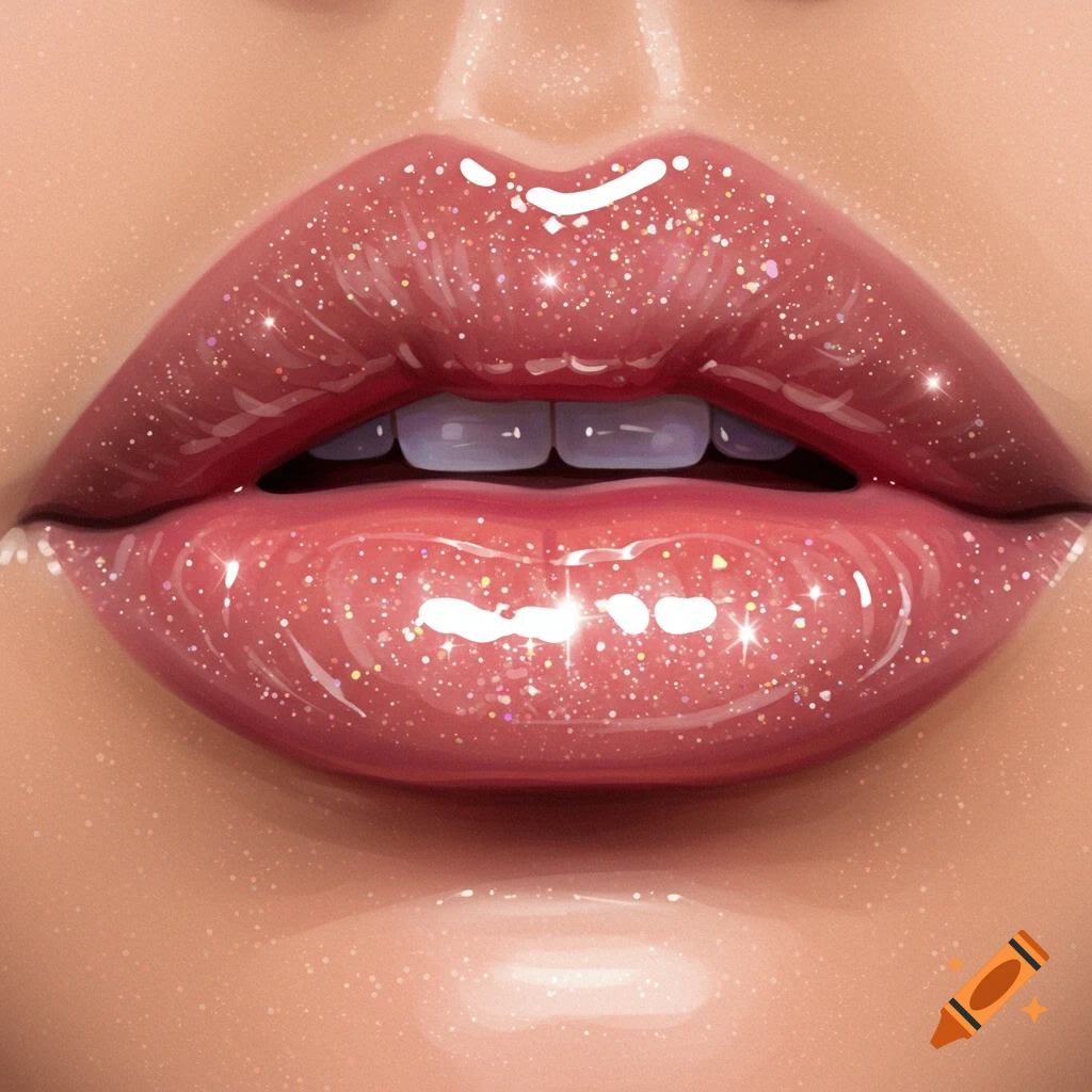 Close-up of pink lips with sparkling, reflective gloss in a digital illustration style.