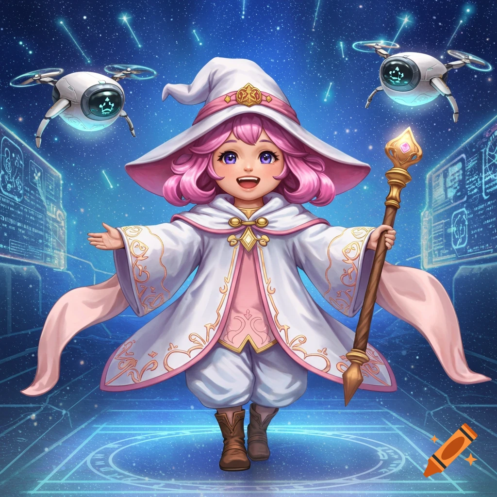 Cheerful anime girl with pink hair in a white mage outfit, holding a staff, stands in a futuristic starry space with two drones.
