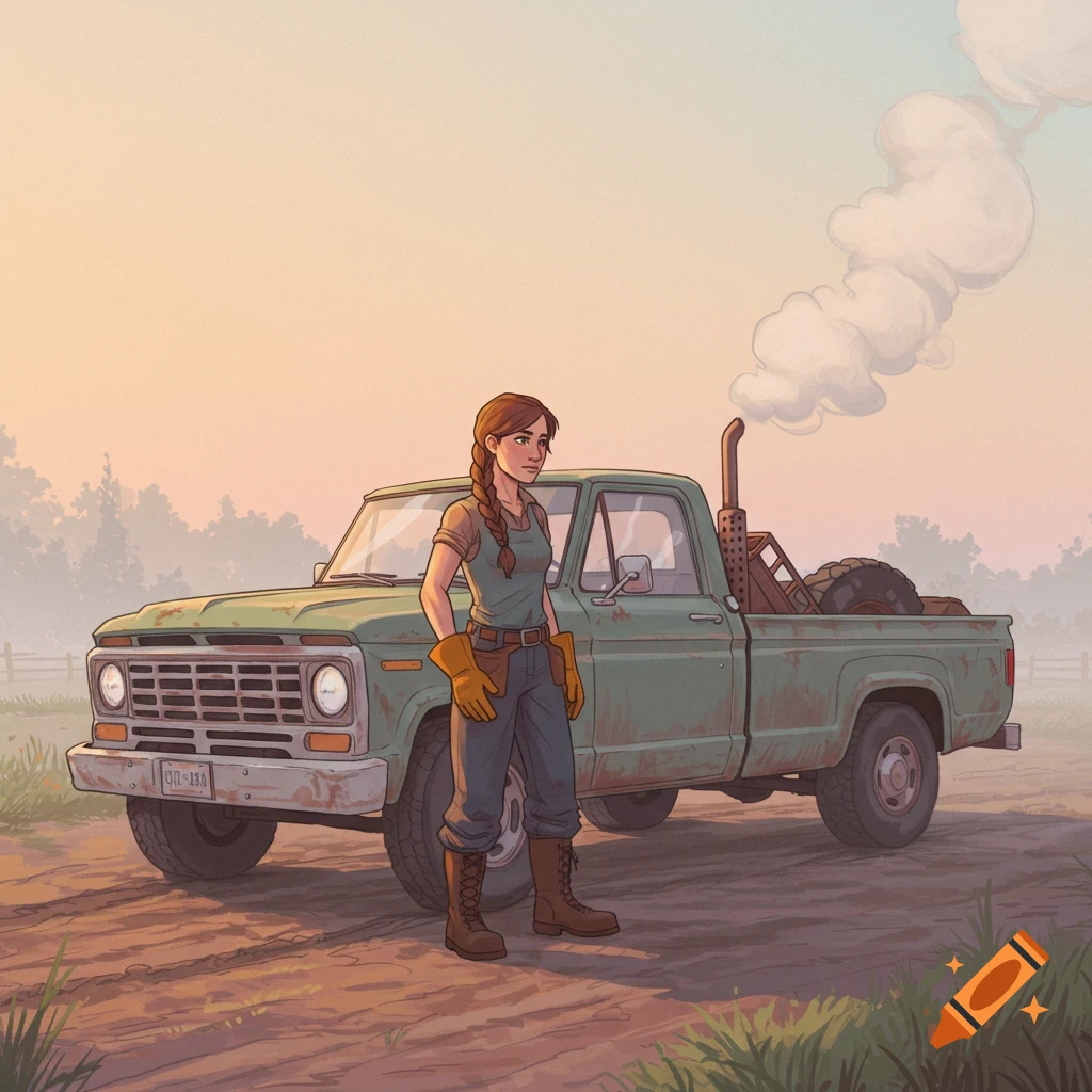 A woman in work clothes stands next to an old green pickup truck with smoke coming from its exhaust pipe, on a dusty rural road. Illustration.