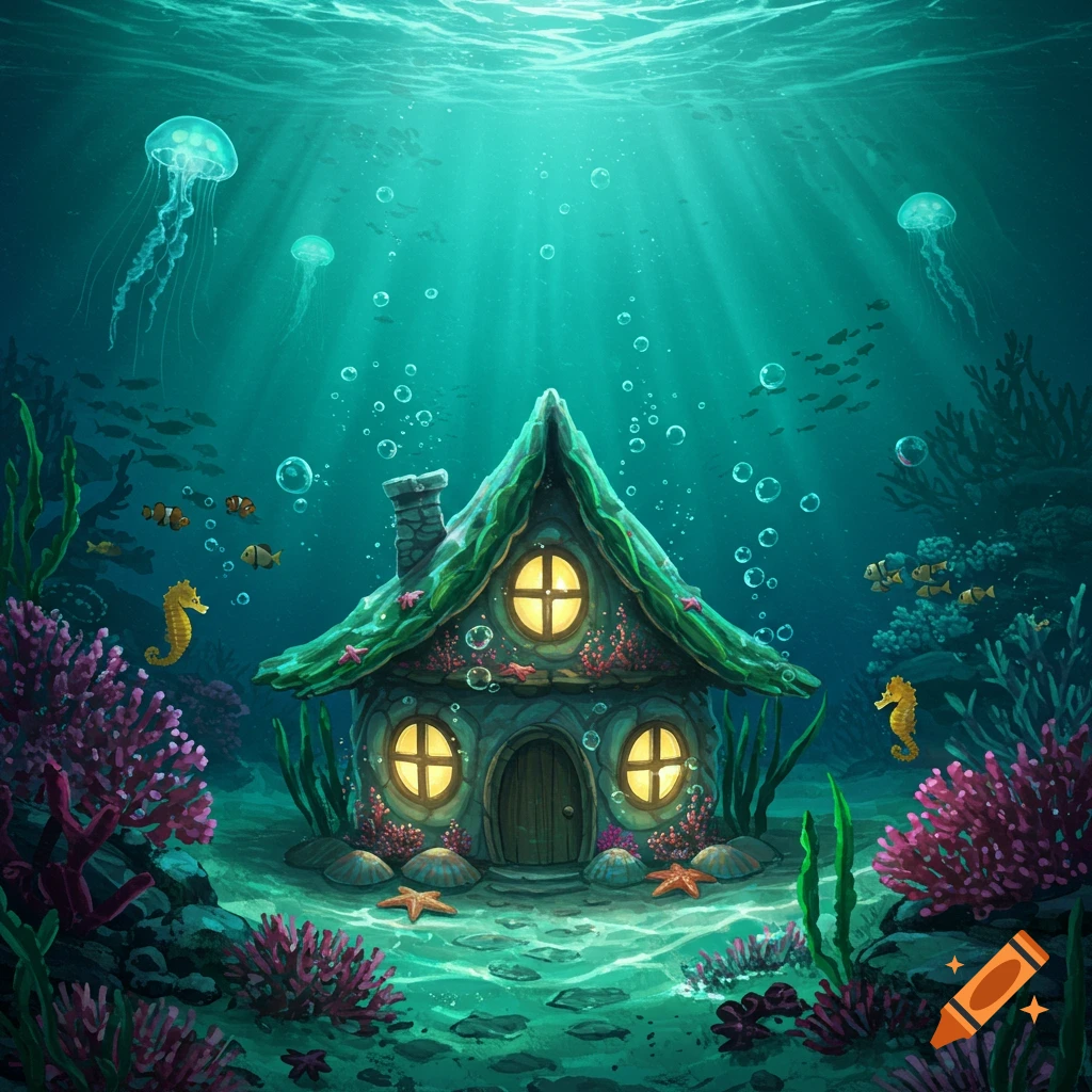 An enchanting illustration of a glowing stone fairy house with a green roof under the sea, surrounded by vibrant coral, jellyfish, and fish.