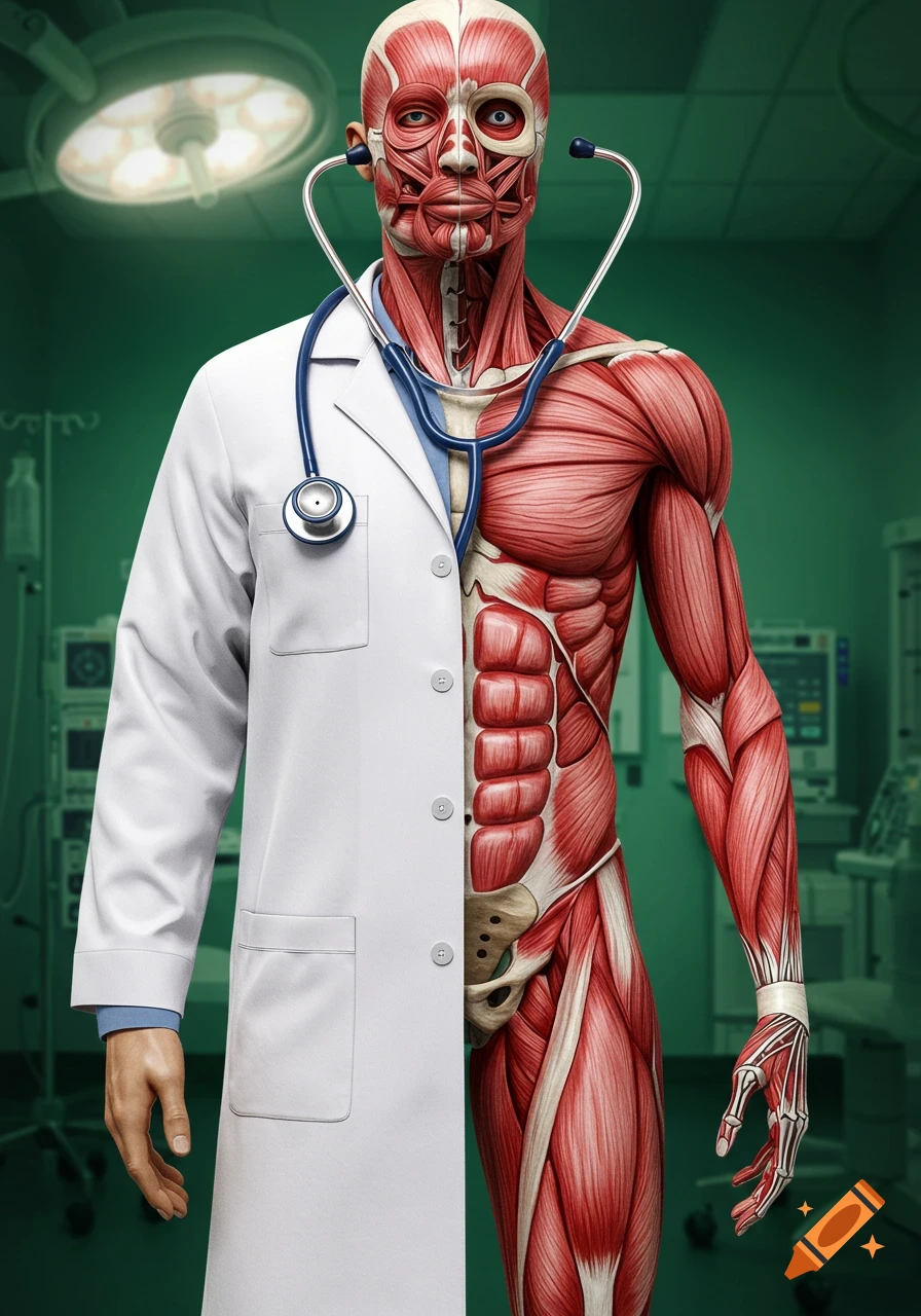 A human figure is split down the middle, one half wearing a white doctor's coat with a stethoscope, the other half showing detailed red muscles and white bones, set against a green medical room background.