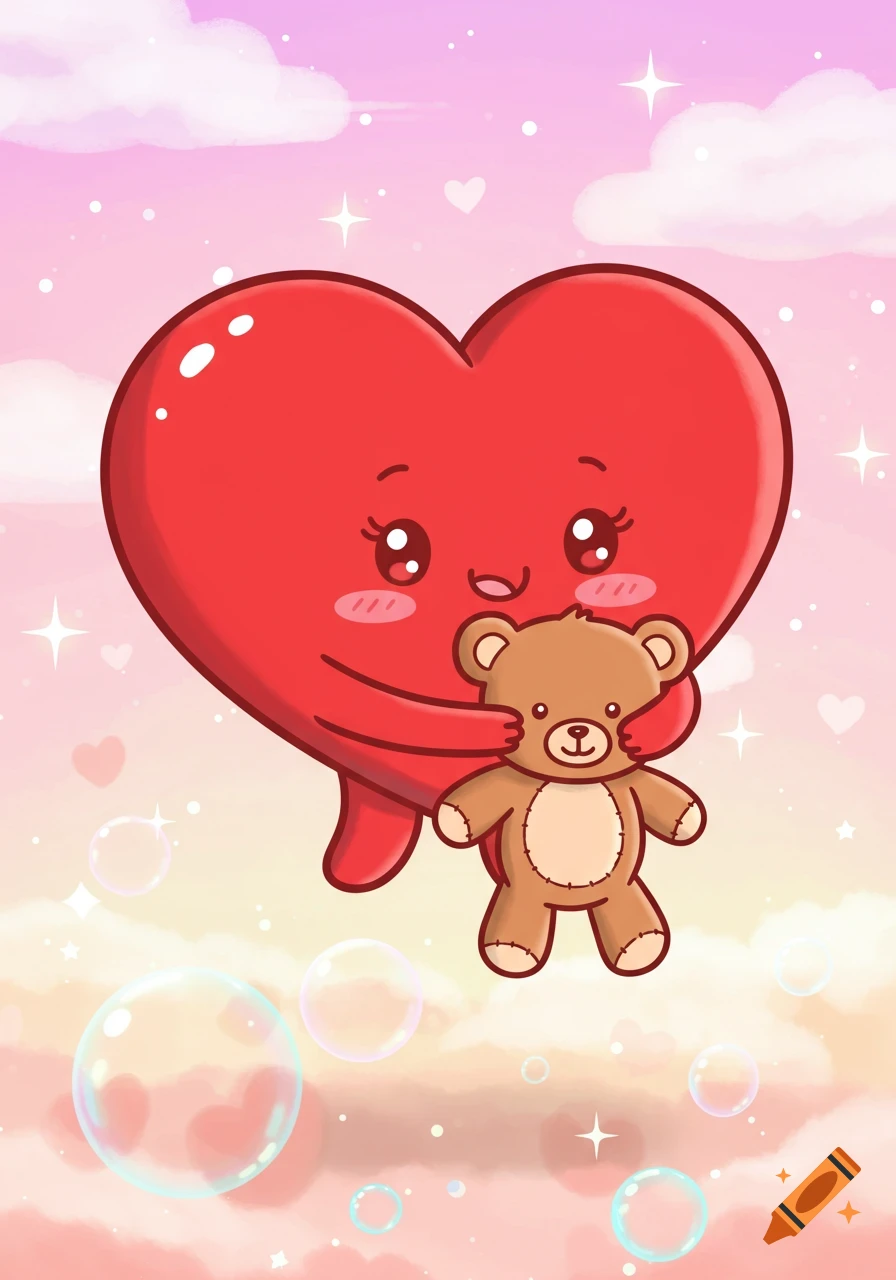 A cute cartoon red heart with a smiley face hugging a small brown teddy bear against a pink and purple sky with clouds, stars, and bubbles.