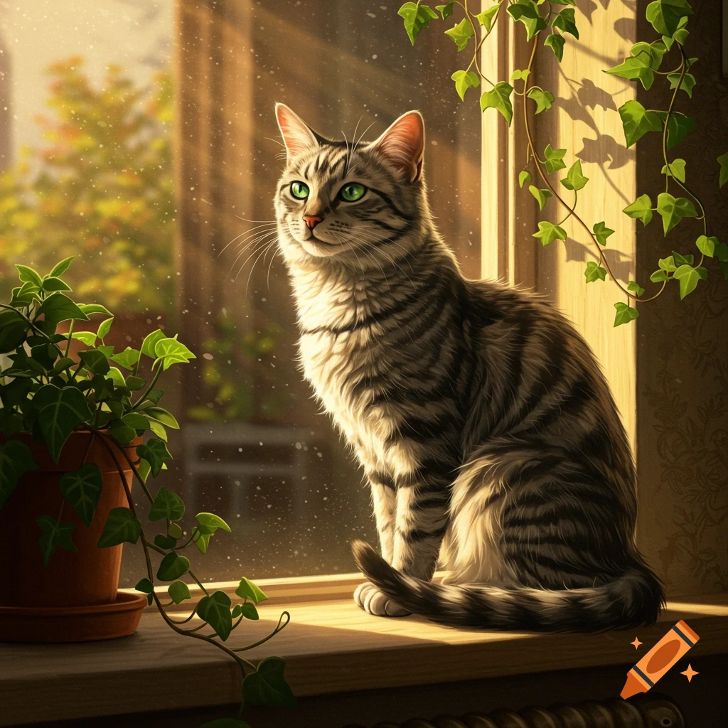 A tabby cat with green eyes sits on a sunlit wooden windowsill next to a potted plant, looking out a window.