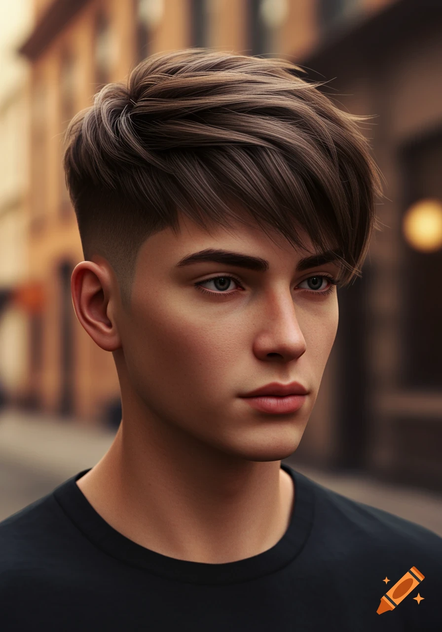 Photorealistic portrait of a young man with a drop fade and textured fringe haircut.