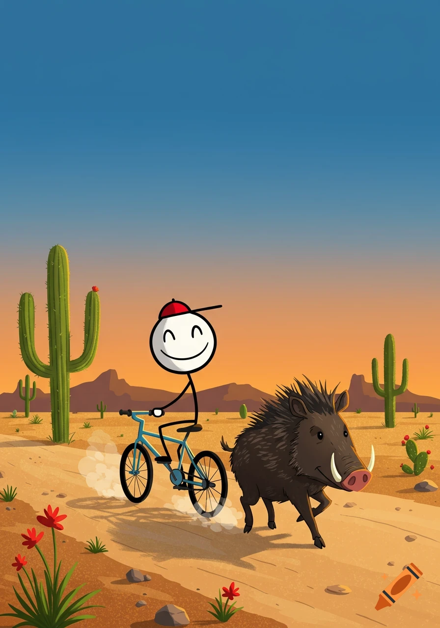 Cartoon illustration of a stick figure boy riding a bicycle through a desert at sunset, with a javelina running beside him.