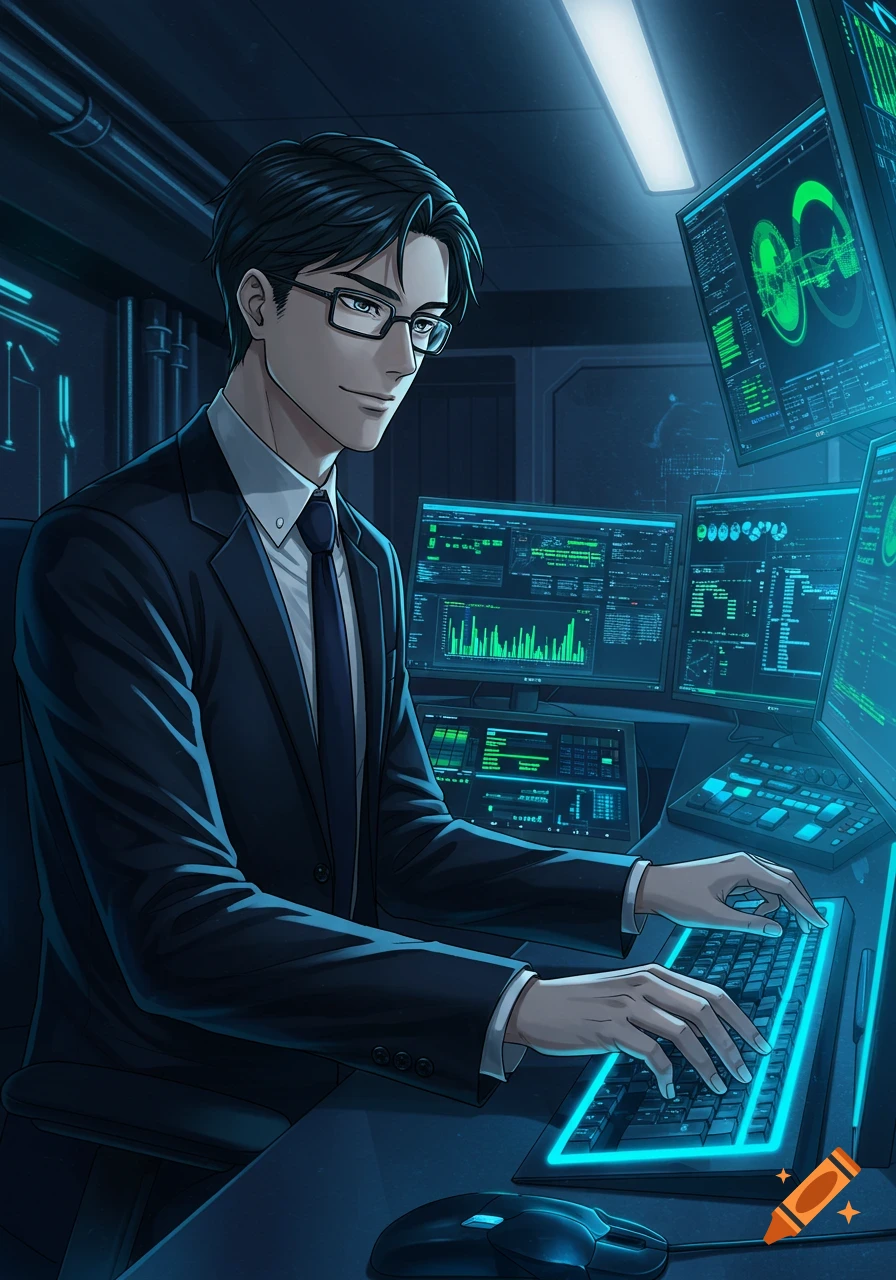 Anime man in suit and glasses typing on a glowing keyboard in a dark server room filled with multiple monitors displaying green code.