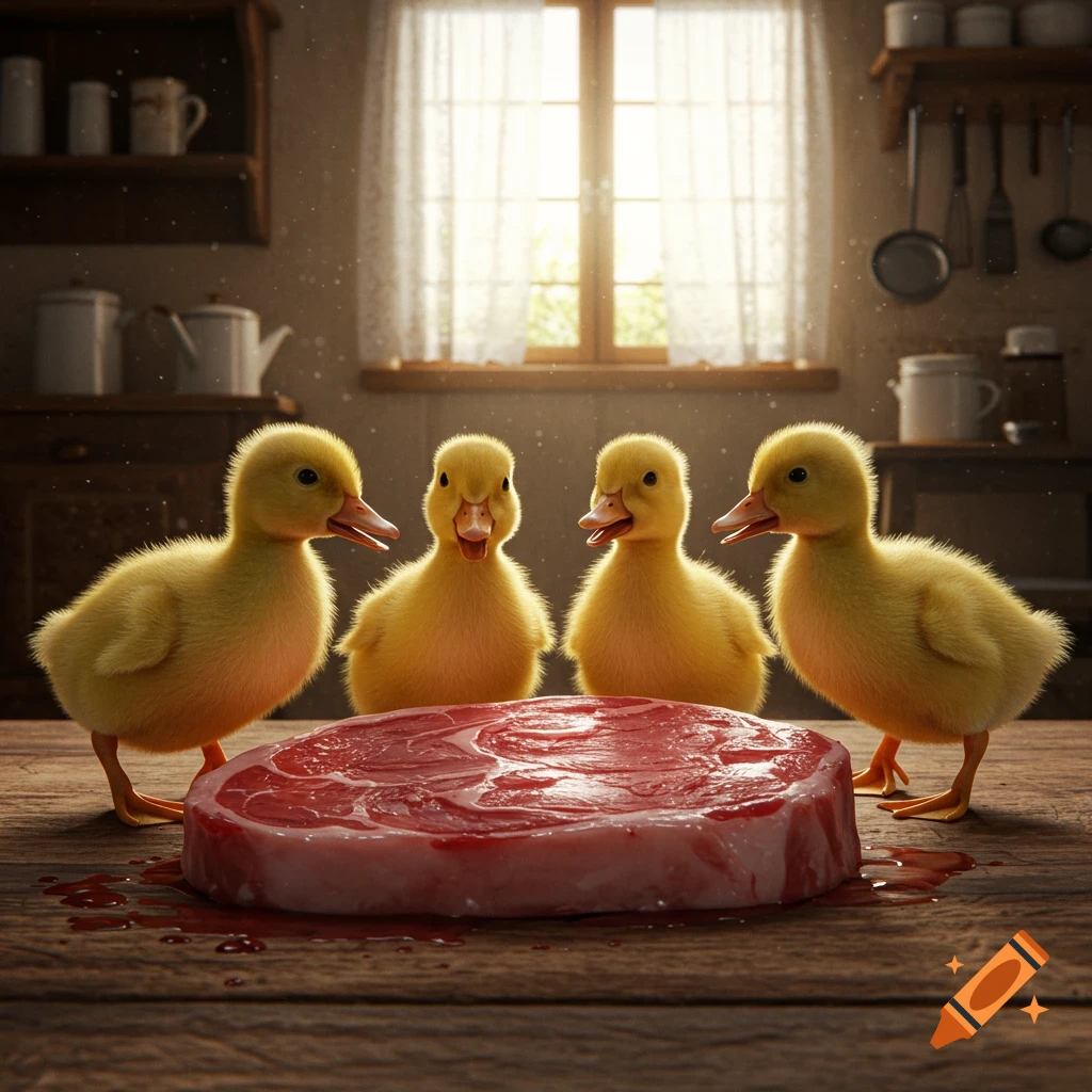 Four yellow ducklings gathered around a large raw steak on a wooden table in a rustic kitchen.